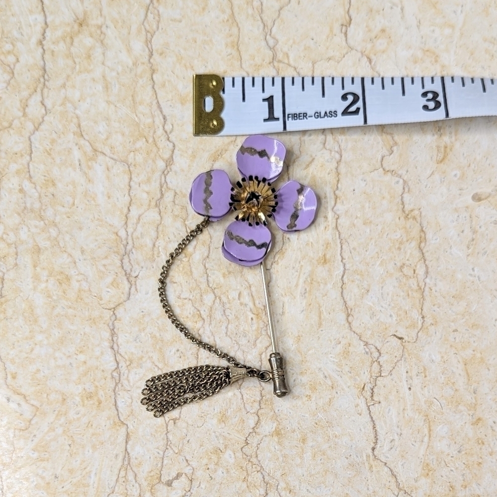 Vintage Purple Gold Enamel Floral Pin Brooch with Chain Accent - Picture 6 of 7